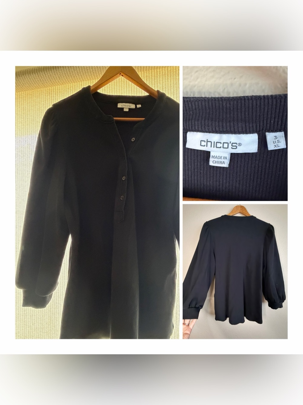 Chico's Women's Ribbed Knit 3/4Puff Balloon Sleeve Henley Top Black Size 3 / XL